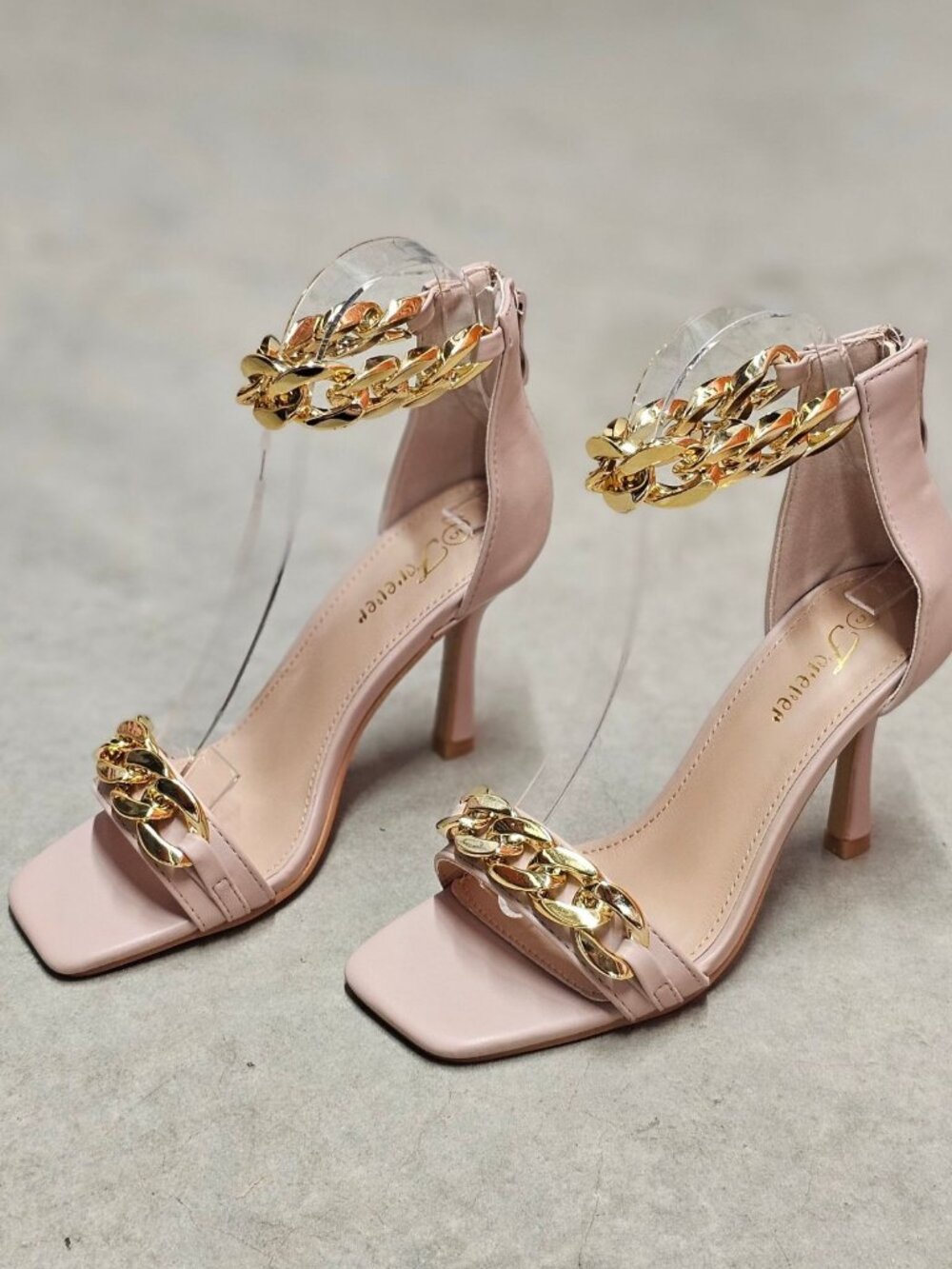 Blush Pink High Heel Sandals With Gold Chain Ankle Strap Square Toe Back Zipper